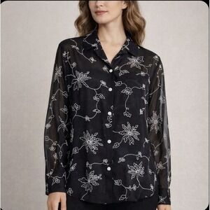 August Max Woman 100% Silk Blouse Black White Floral‎ Sheer Button Front 18W
